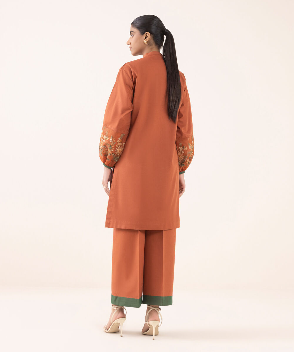 Women's Unstitched Cotton Embroidered Rust Two Piece Suit