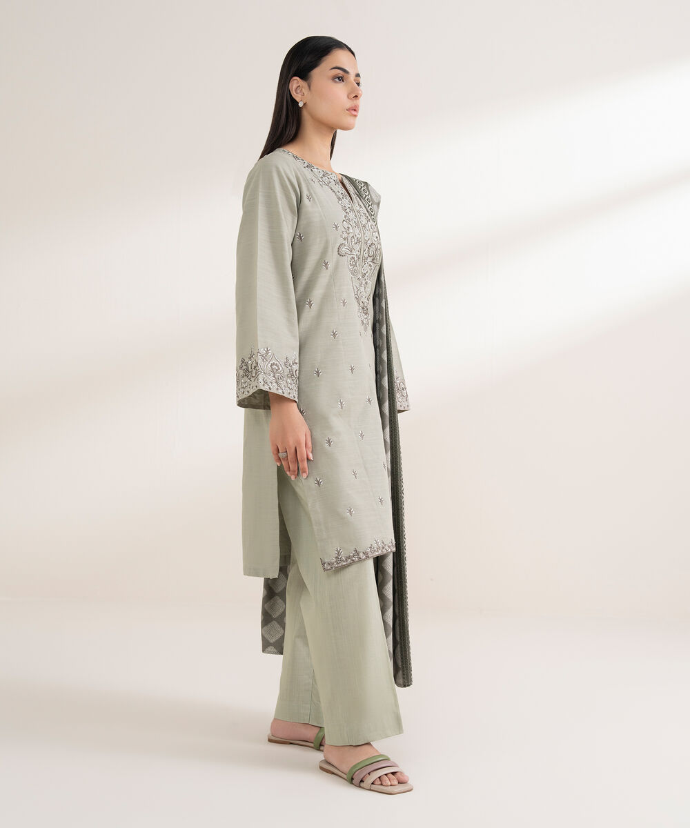 Women's RTW Khaddar Embroidered Grey 3 Piece Suit