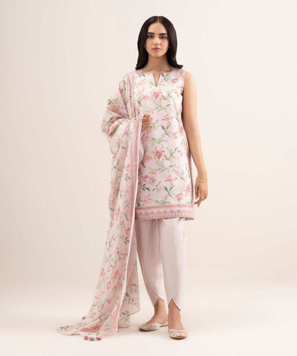 Women's Unstitched Lawn Printed Pink 3 Piece Suit