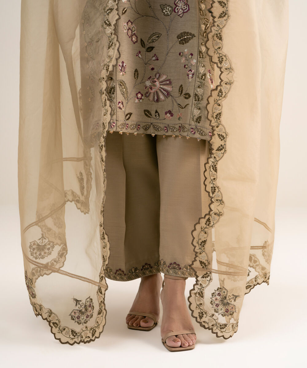 Women's Unstitched Embroidered Viscose Raw Silk Beige 3 Piece Suit