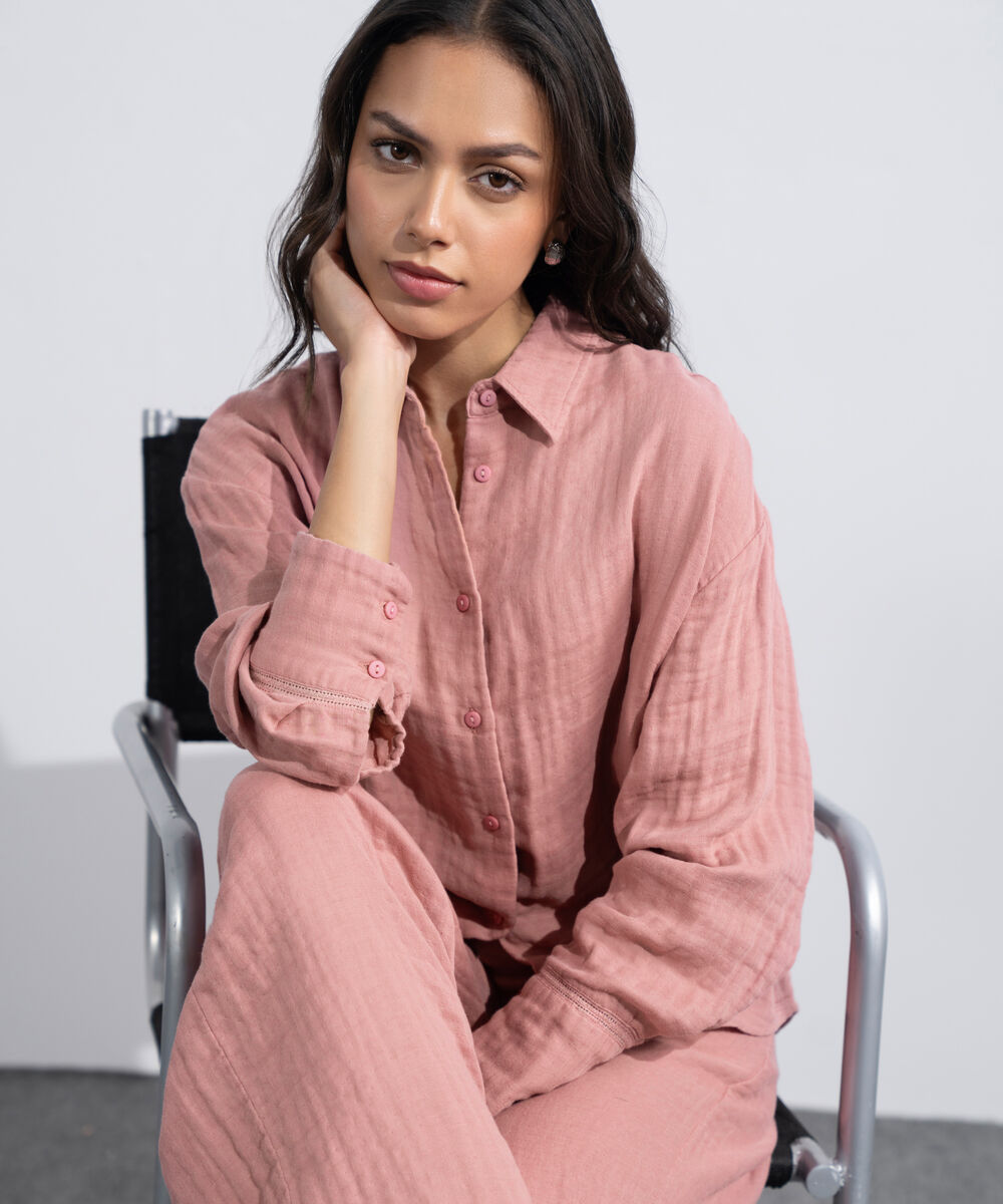 Women's Western Tea-Pink Loose-Fit Cotton Muslin Shirt