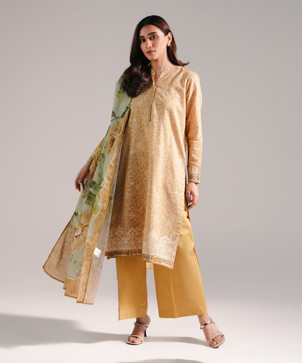 Women's RTW Lawn Printed Dark Beige 3 Piece Suit