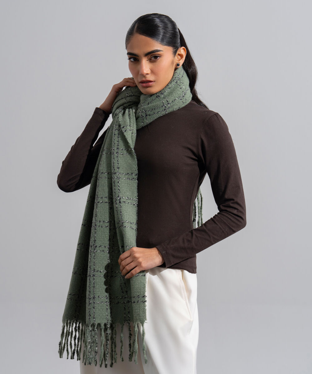 Women's Western Wear Green Polyester Textured Woolen Scarf