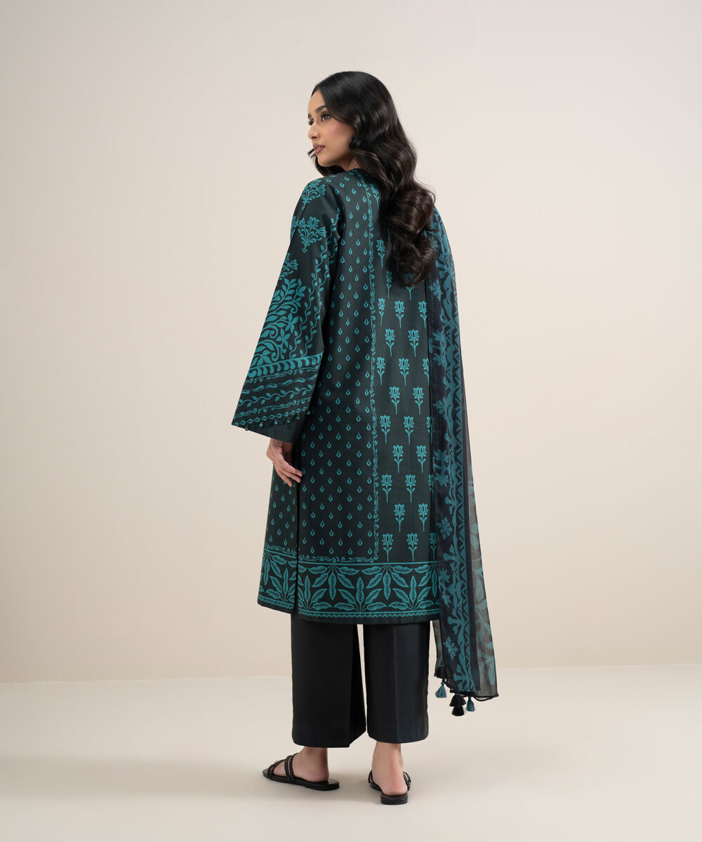 Women's Unstitched Lawn Printed Black and Teal 3 Piece Suit