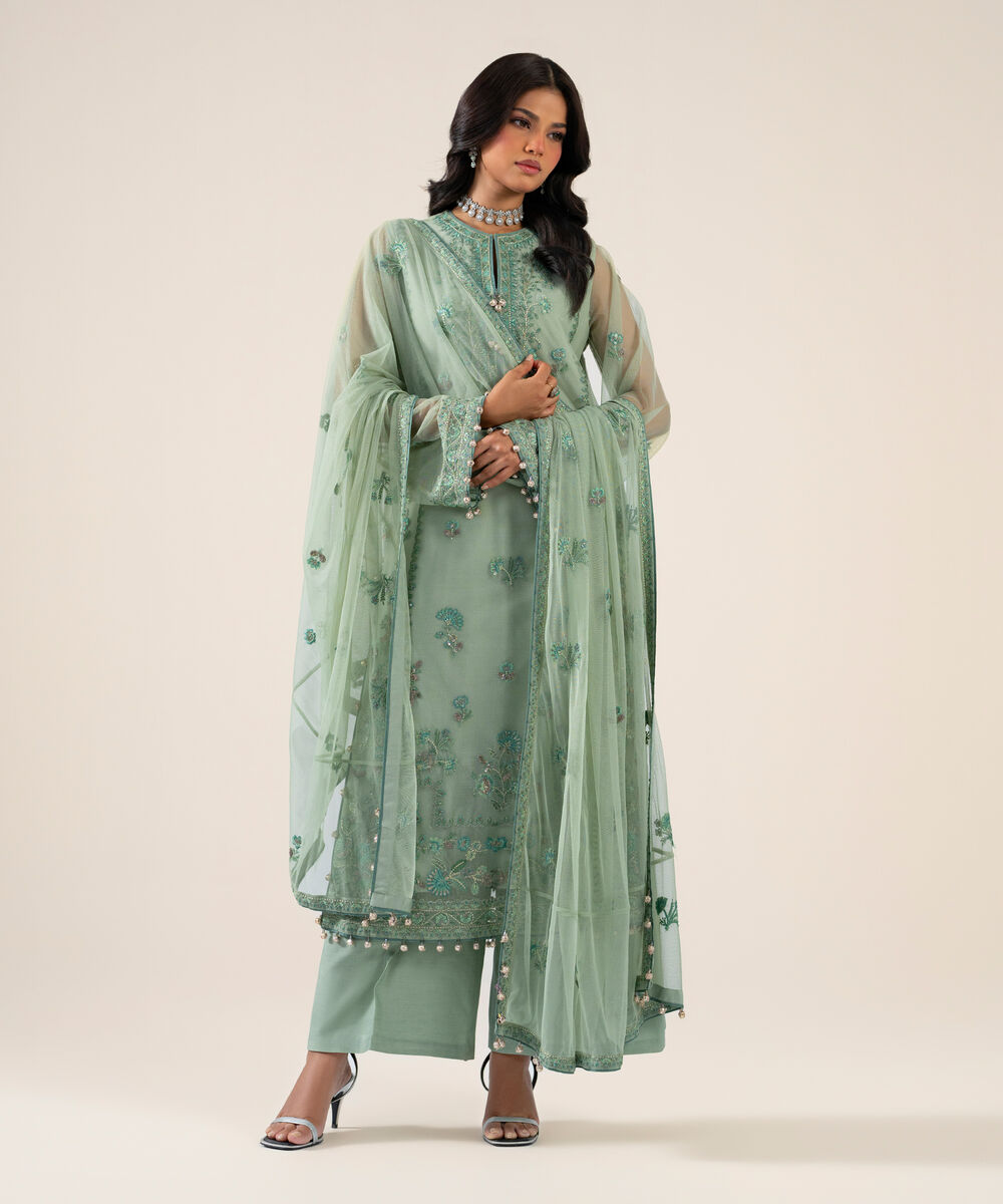Women's Unstitched Net Embroidered Mint Green 3 Piece Suit