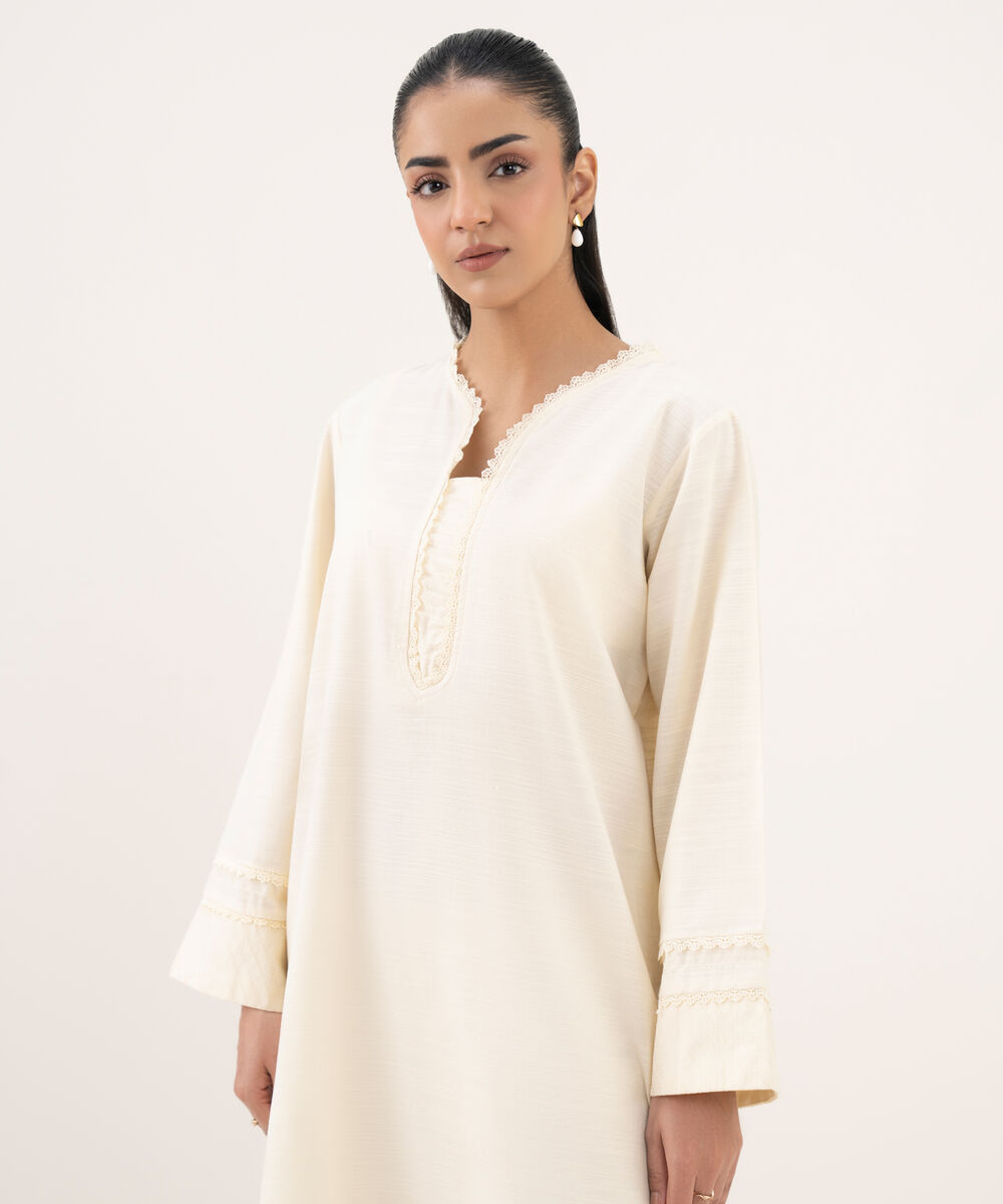 Women's RTW Khaddar Embroidered A-Line Off White Shirt