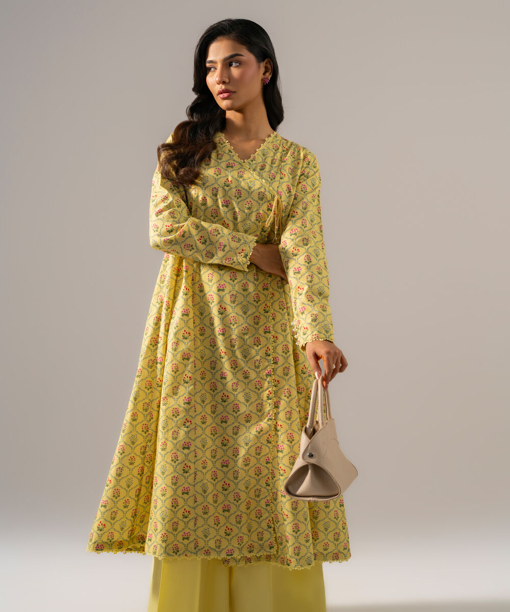 Women's RTW Cambric Printed Pale Yellow Angrakha