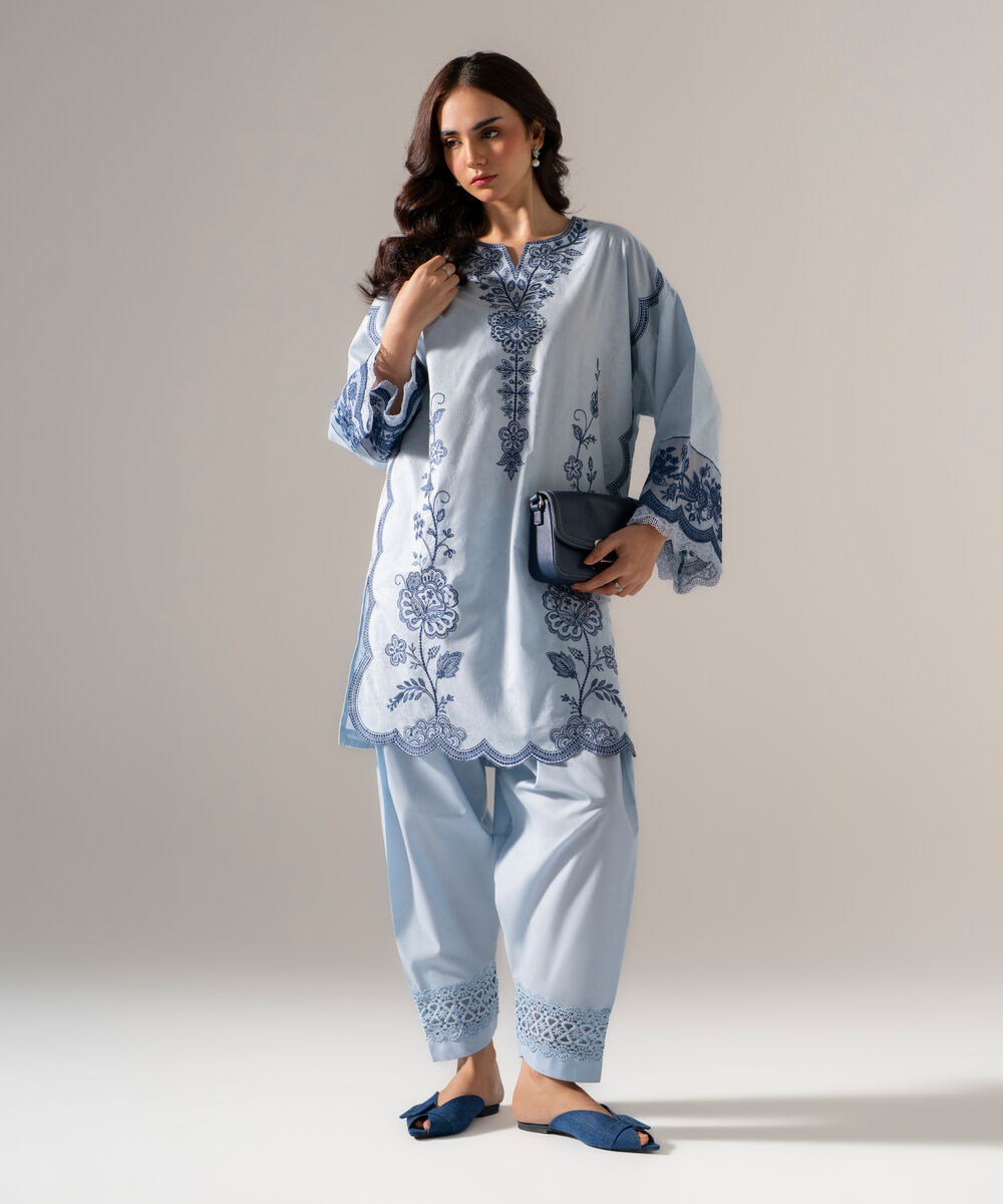 Women's RTW Self Jacquard Solid Embroidered Blue 2 Piece Suit
