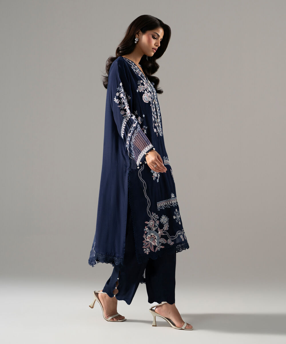 Women's RTW Raw Silk Solid Embroidered Dark Blue 3 Piece Suit