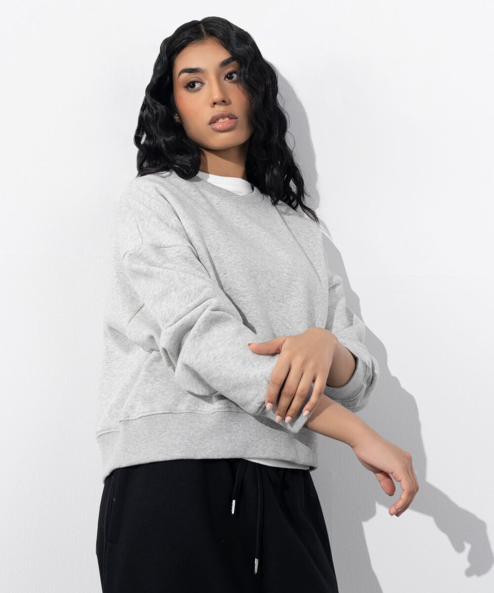 Women's Western Wear Grey Melange Cropped Fleece Sweatshirt
