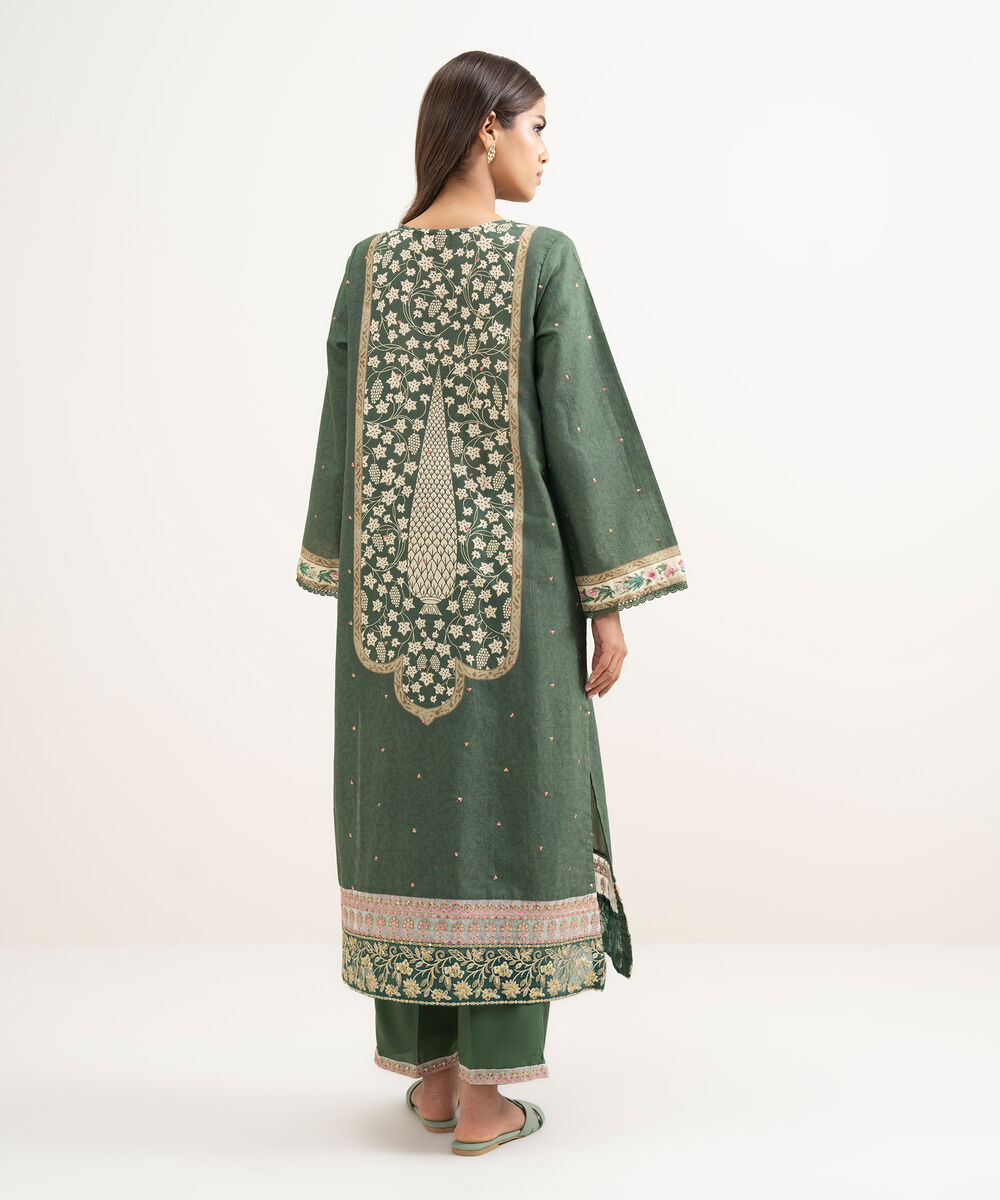 Women's RTW Zari Cotton Embroidered Green A-Line Shirt