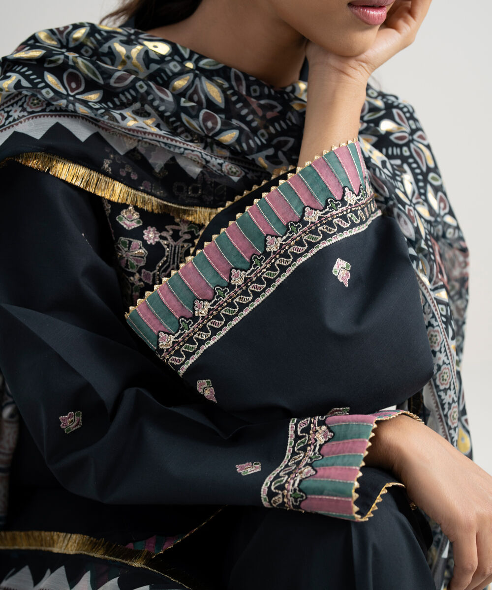 Women's Unstitched Lawn Embroidered Black 3 Piece Suit