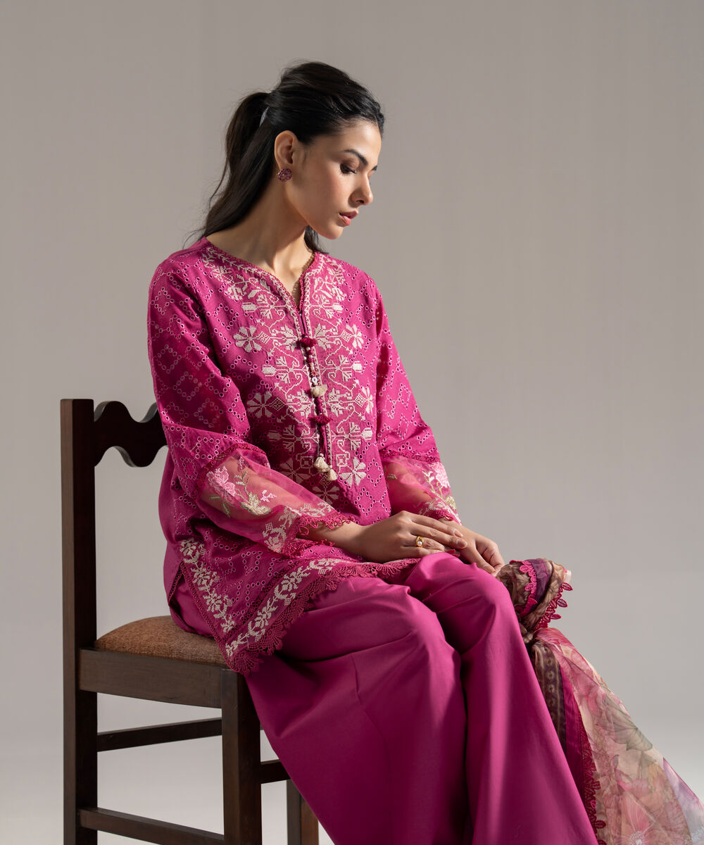 Women's RTW Dobby Solid Embroidered Pink 3 Piece Suit