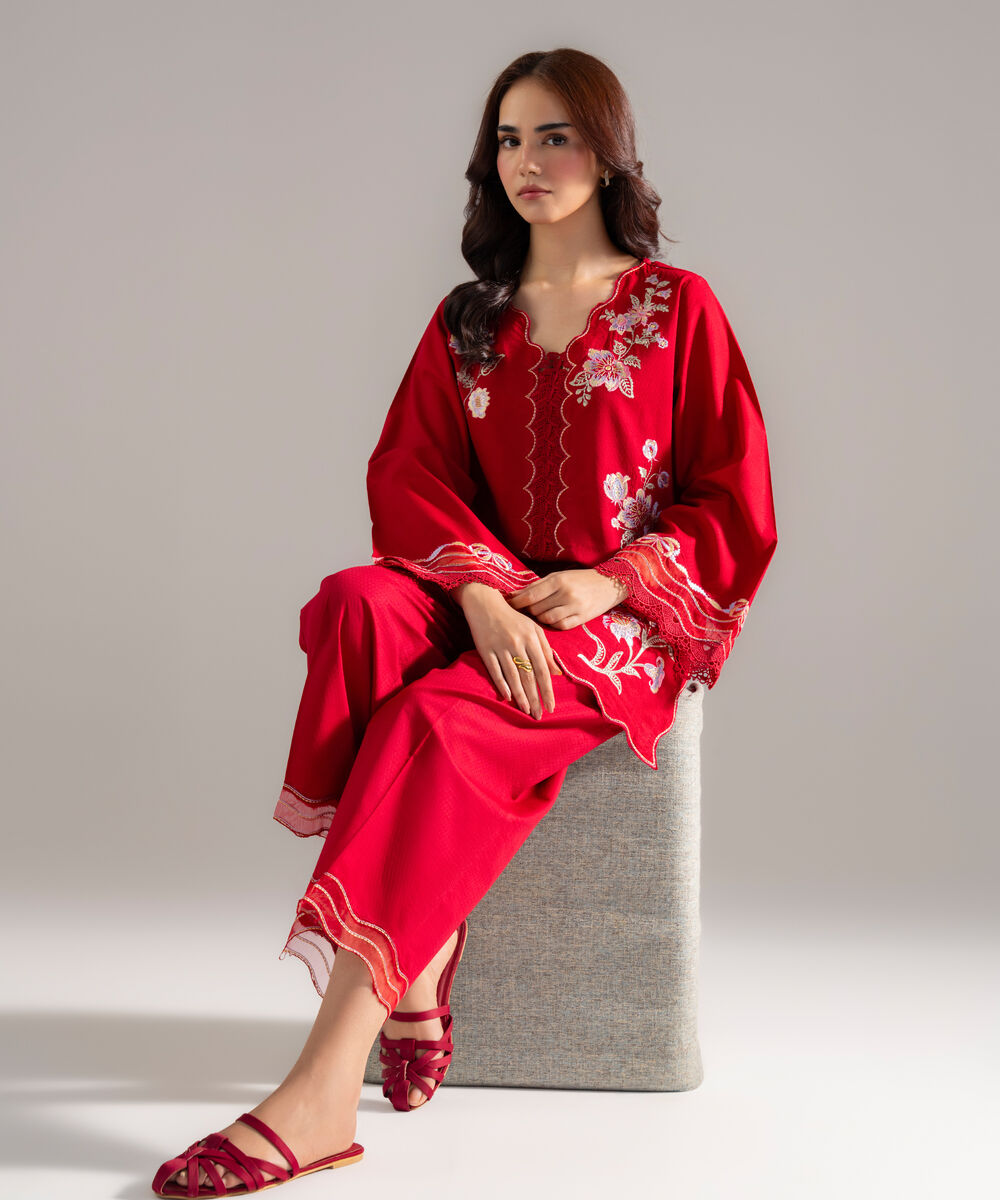 Women's RTW Dobby Solid Embroidered Red Straight Shirt