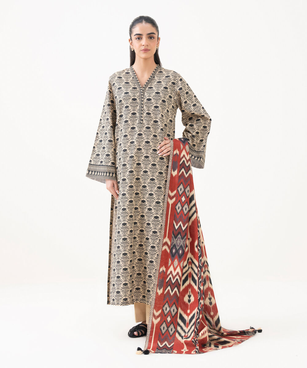 Women's Unstitched Khaddar Printed Multi 3 Piece Suit