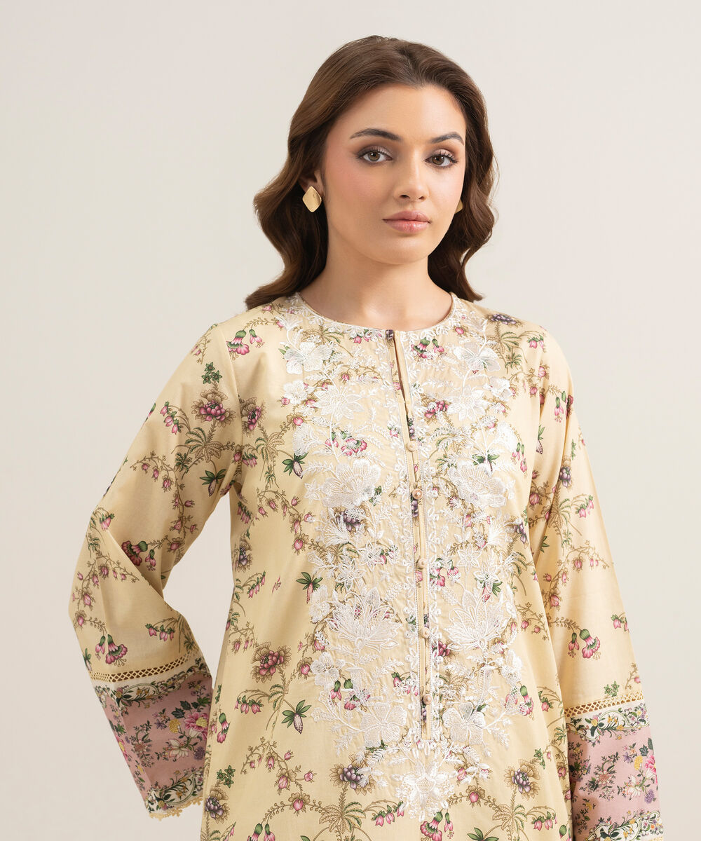 Women's RTW Lawn Embroidered Pale Yellow A-Line Shirt