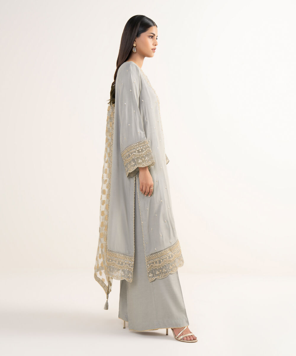 Women's RTW Viscose Raw Silk Grey Embroidered 3 Piece Suit