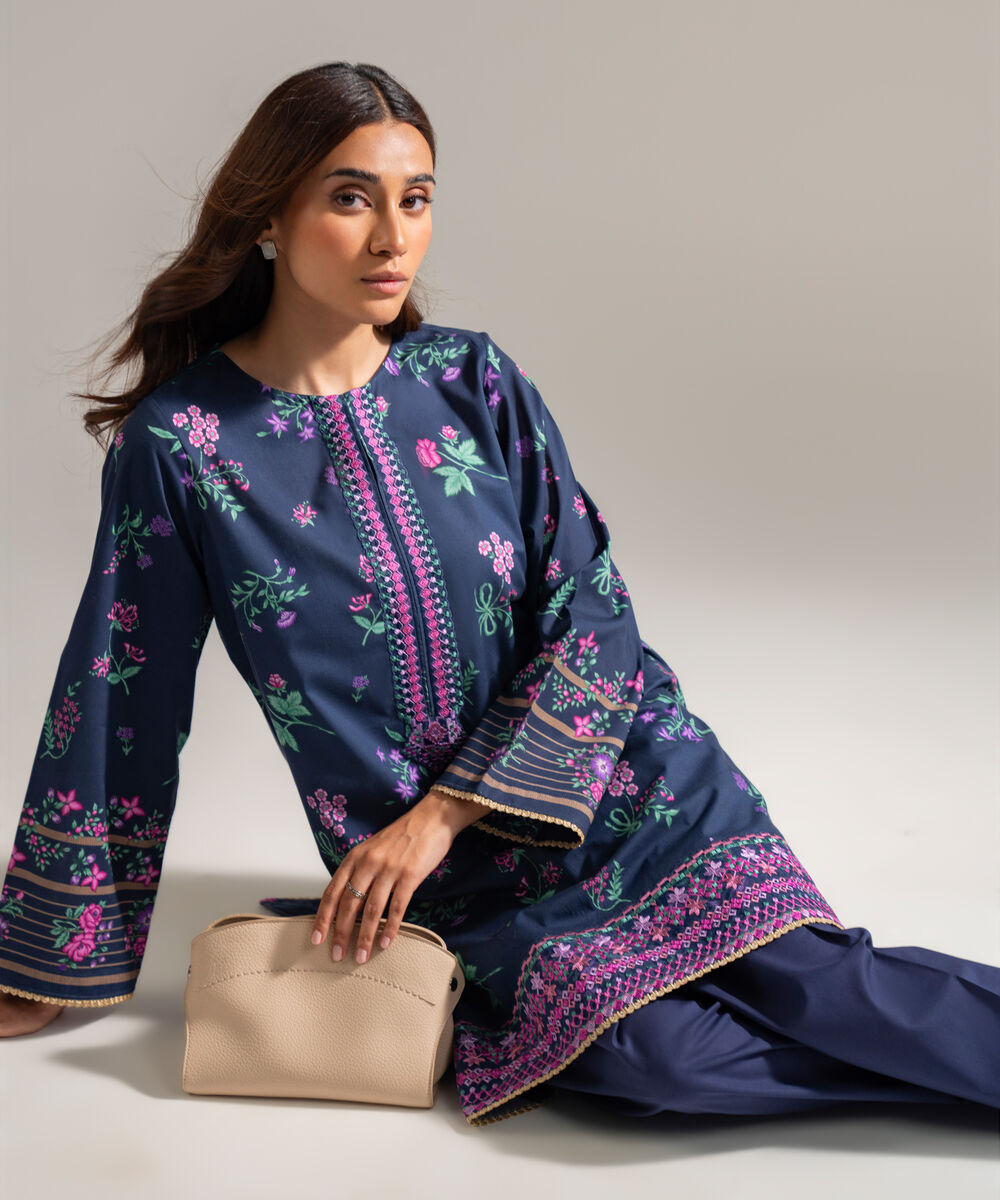 Women's RTW Cambric Embroidered Dark Blue 2 Piece Suit