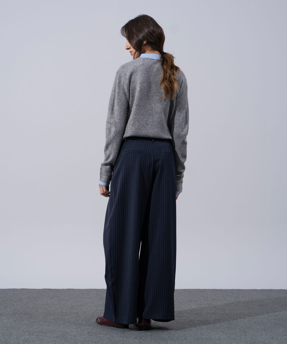 Women's Western Wear Navy Blue Polyester Pleated Wide Leg Trousers