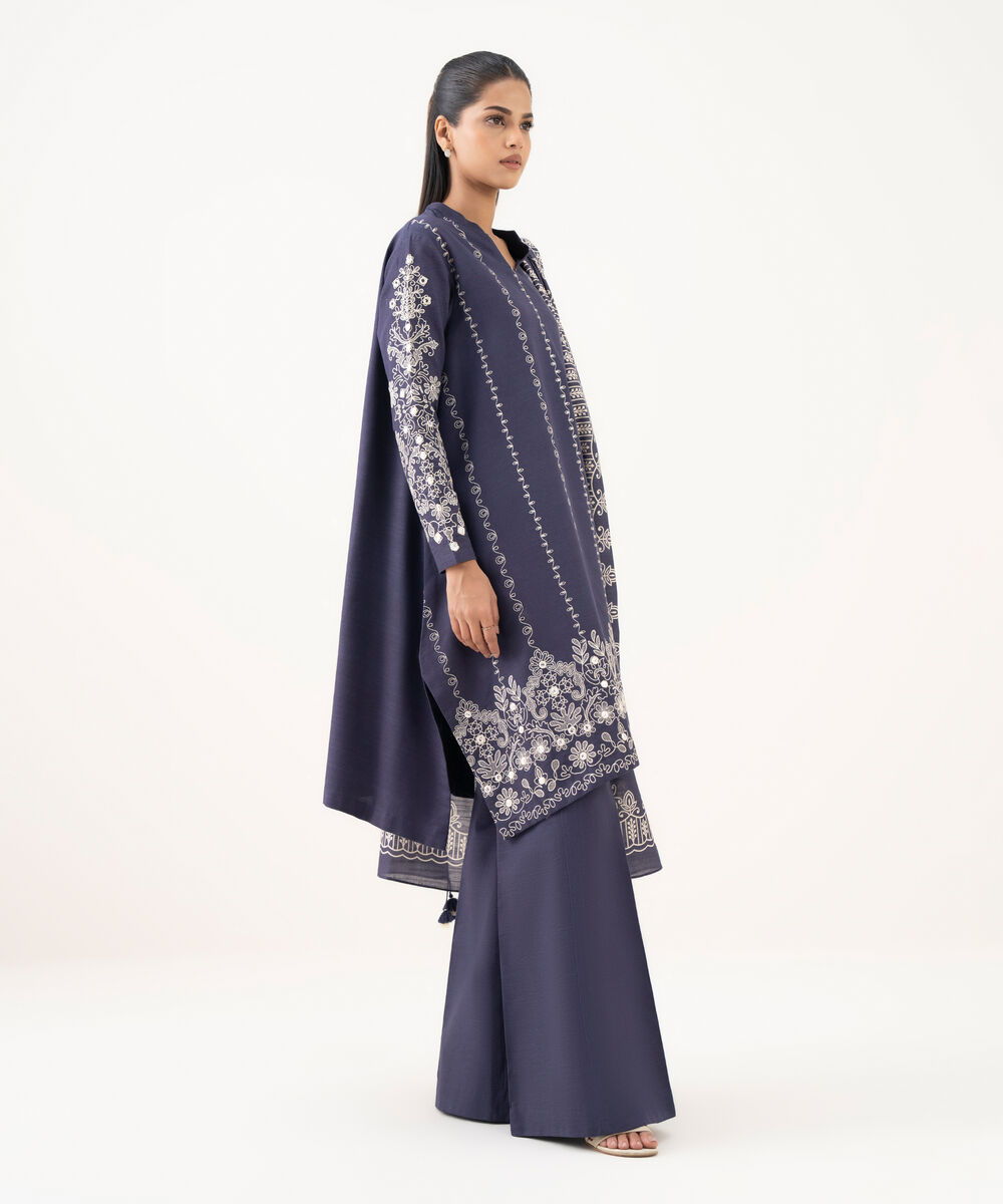 Women's Unstitched Light Khaddar Embroidered Blue 3 Piece Suit
