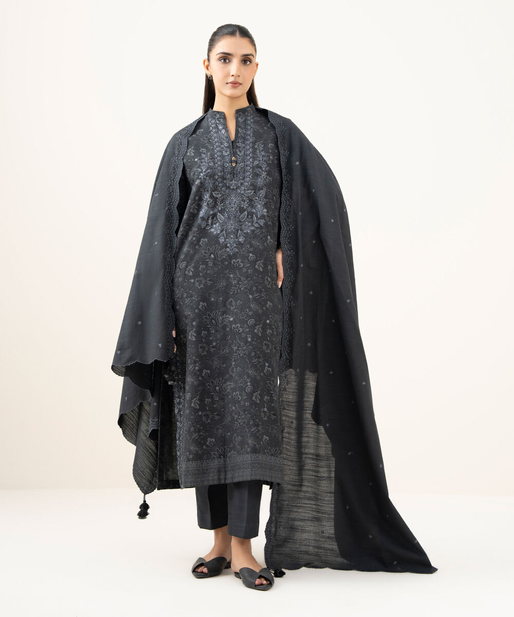 Women's Unstitched Cotton Embroidered Grey 3 Piece Suit