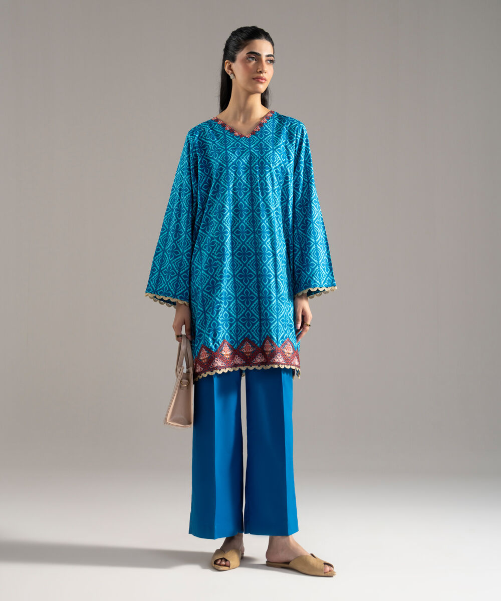 Women's RTW Cotton Viscose Printed Embroidered Blue 2 Piece Suit