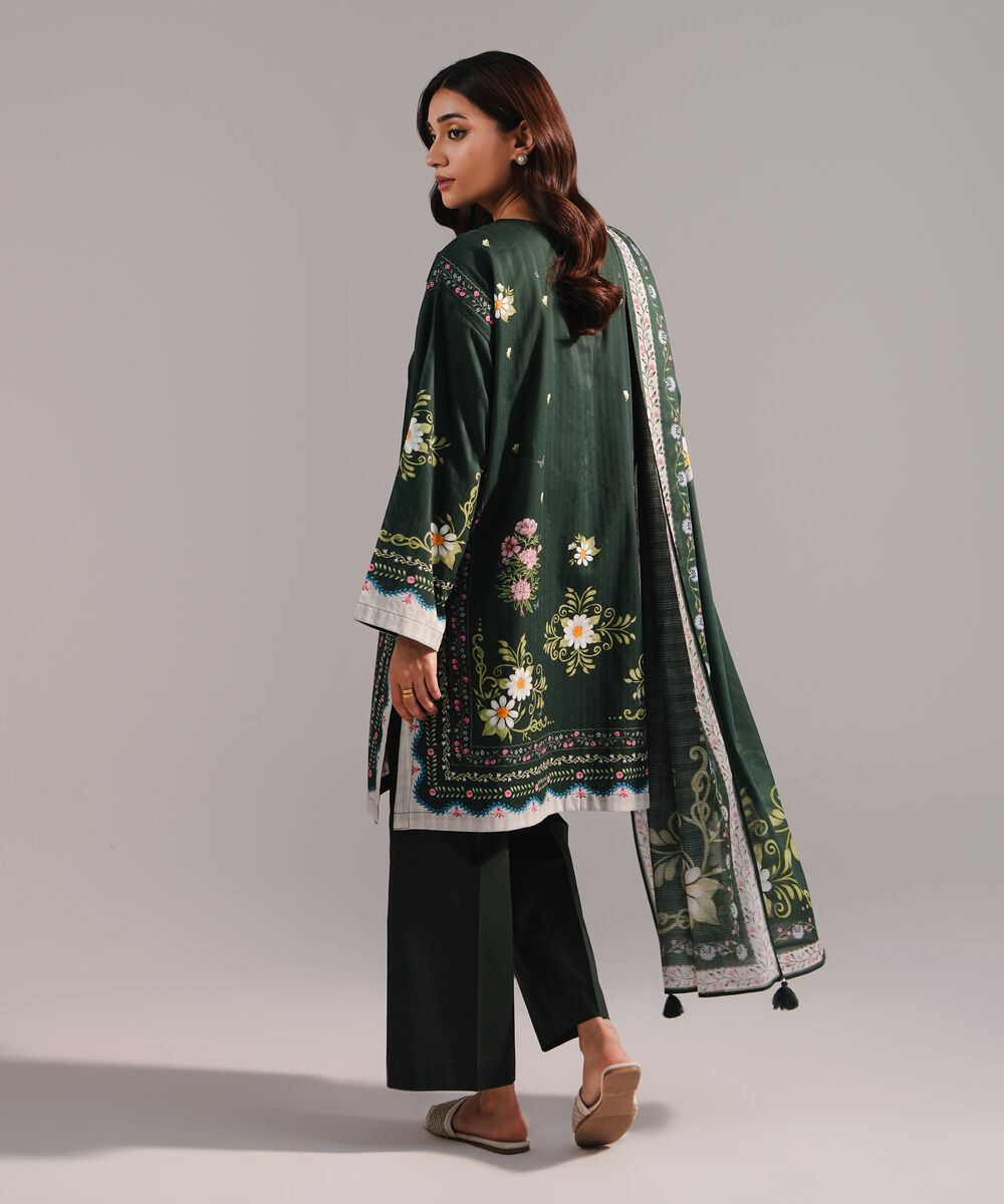 Women's RTW Dobby Printed Dark Green 3 Piece Suit