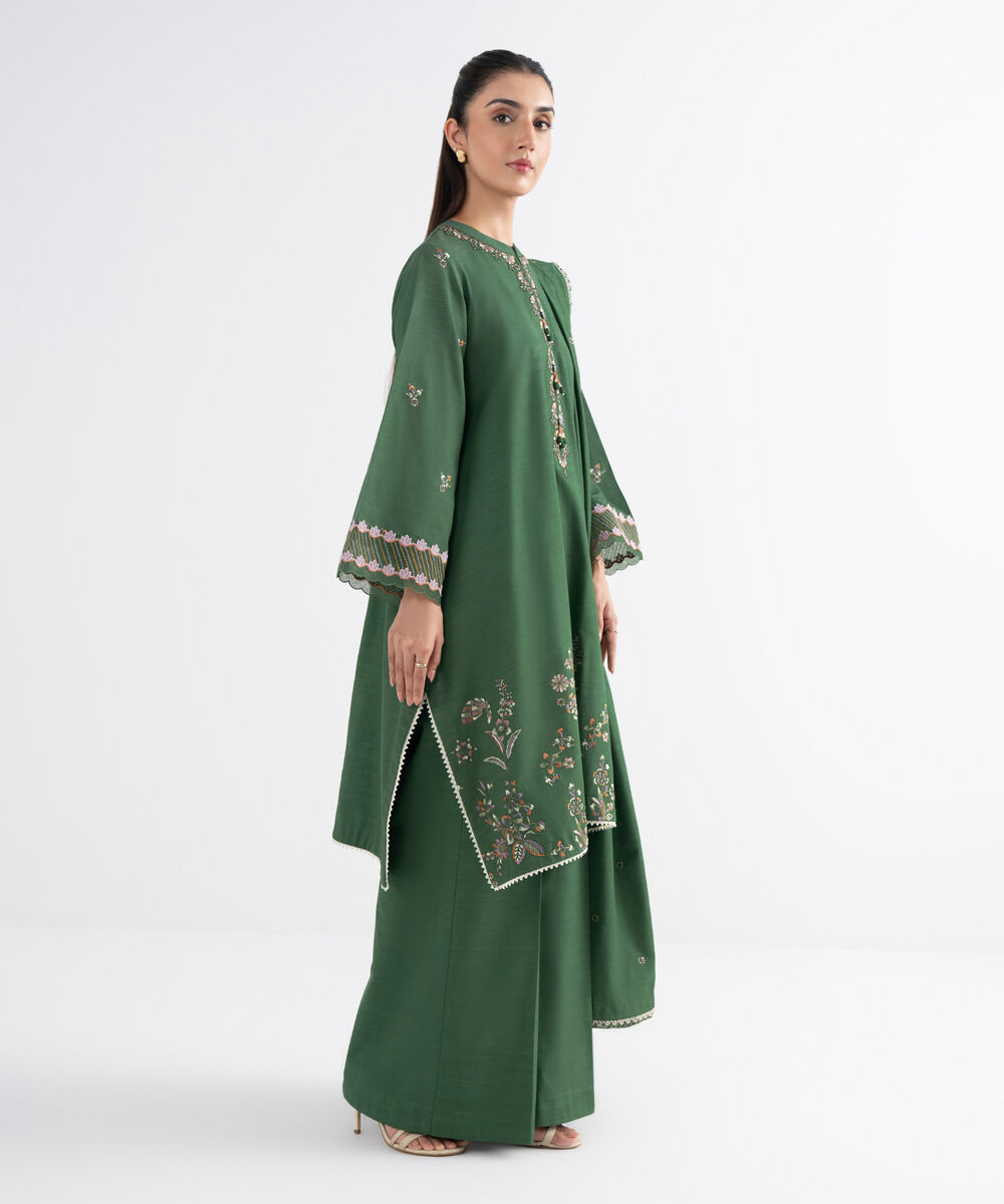 Women's Unstitched Khaddar Embroidered Green 3 Piece Suit