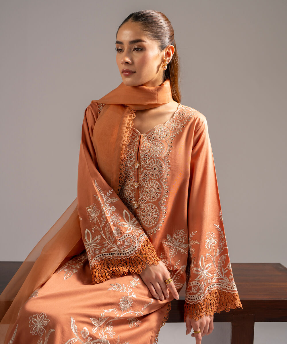 Women's RTW Cotton Satin Embroidered Muted Orange 3 Piece Suit