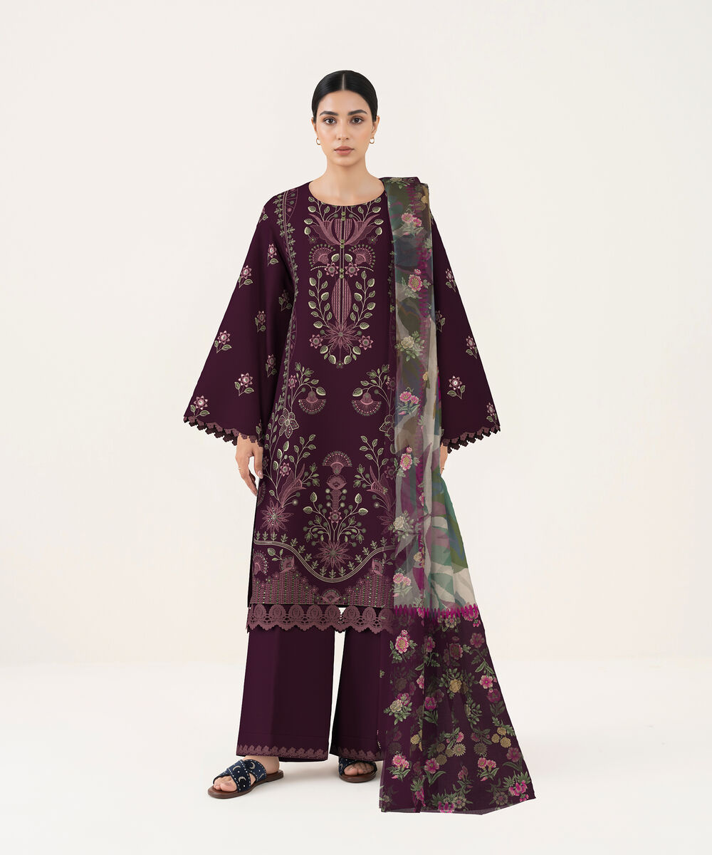 Women's Unstitched Self Jacquard Dark Plum Embroidered 3 Piece Suit