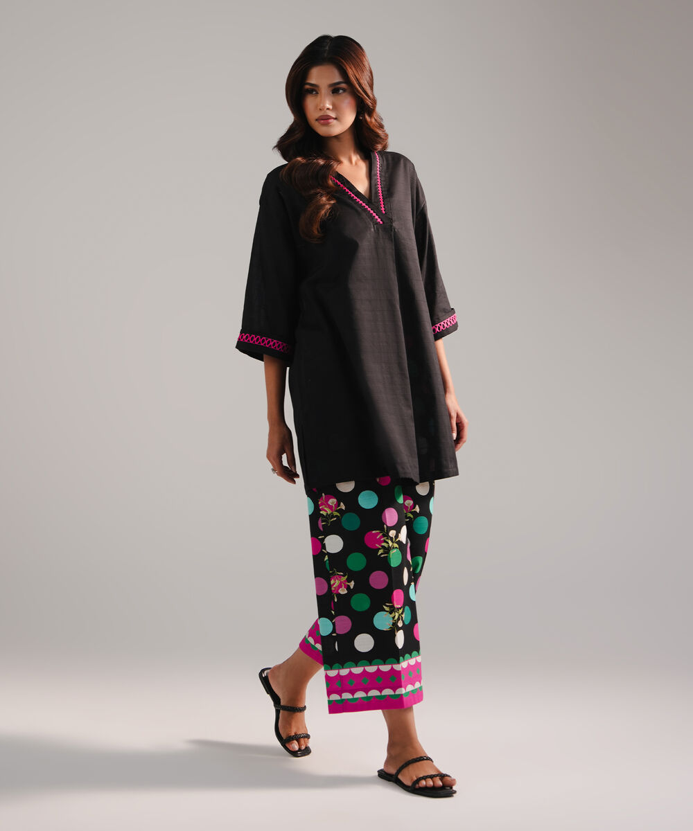 Women's RTW Dobby Embroidered Black 2 Piece Suit