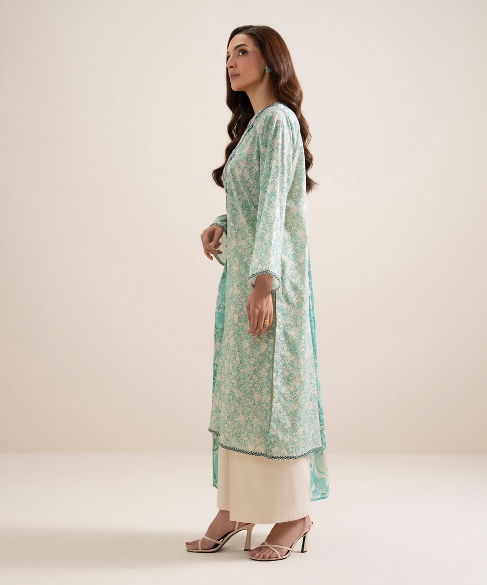 Women's Unstitched Lawn Embroidered Off White and Tea Pink 3 Piece Suit