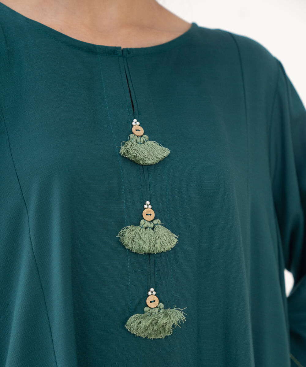 Women's RTW Khaddar Solid Green A-Line Shirt