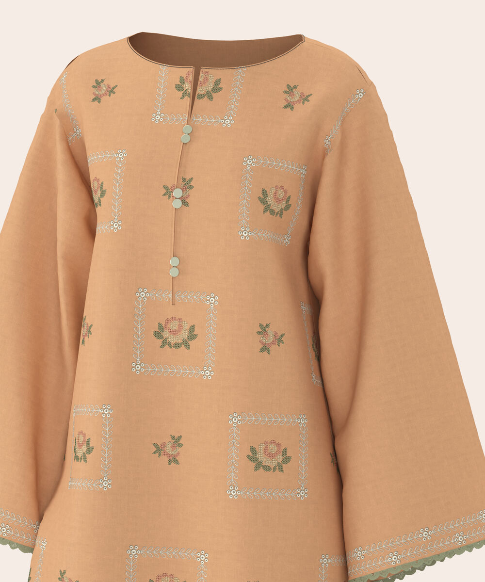 Women's Unstitched Self Jacquard Peach  Embroidered 3 Piece Suit