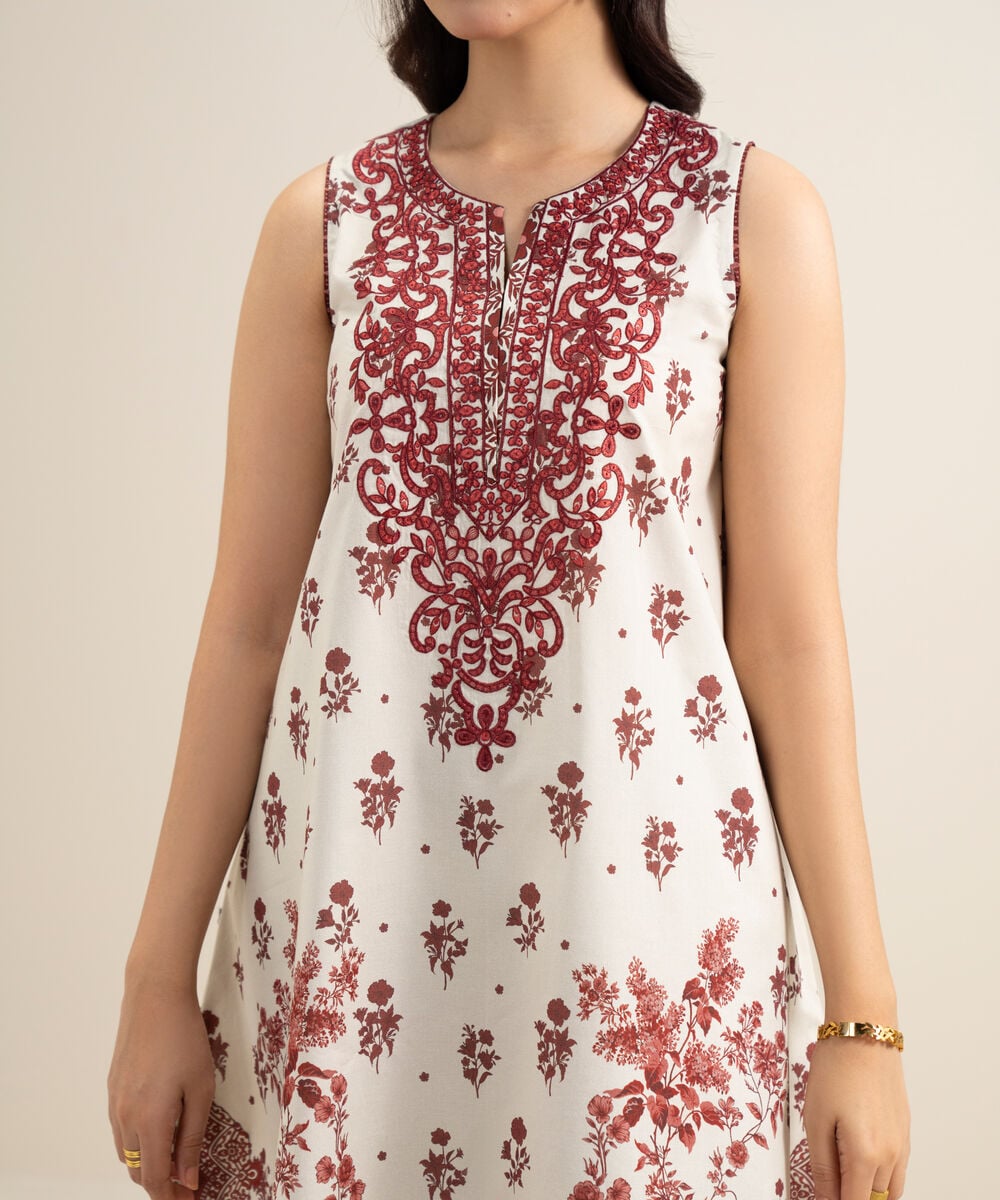 Women's Unstitched Lawn Embroidered Off White and Red 3 Piece Suit