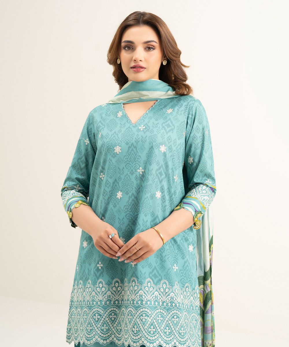 Women's Unstitched Lawn Blue Embroidered 3 Piece Suit