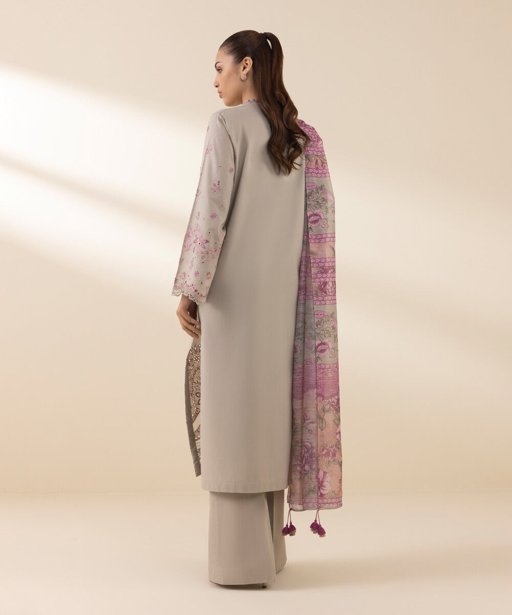 Womens Unstitched Embroidered Beige Three Piece Lawn Suit