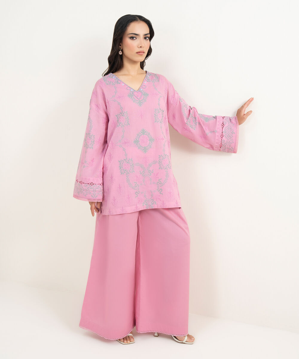 Women's RTW Extra Weft Jacquard Solid Pink 2 Piece Suit