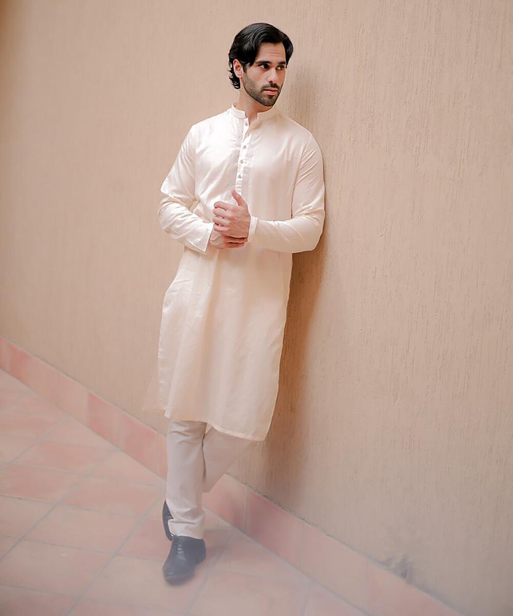 Men's Stitched Kurta Off White Embroidered Cotton Dobby Kurta