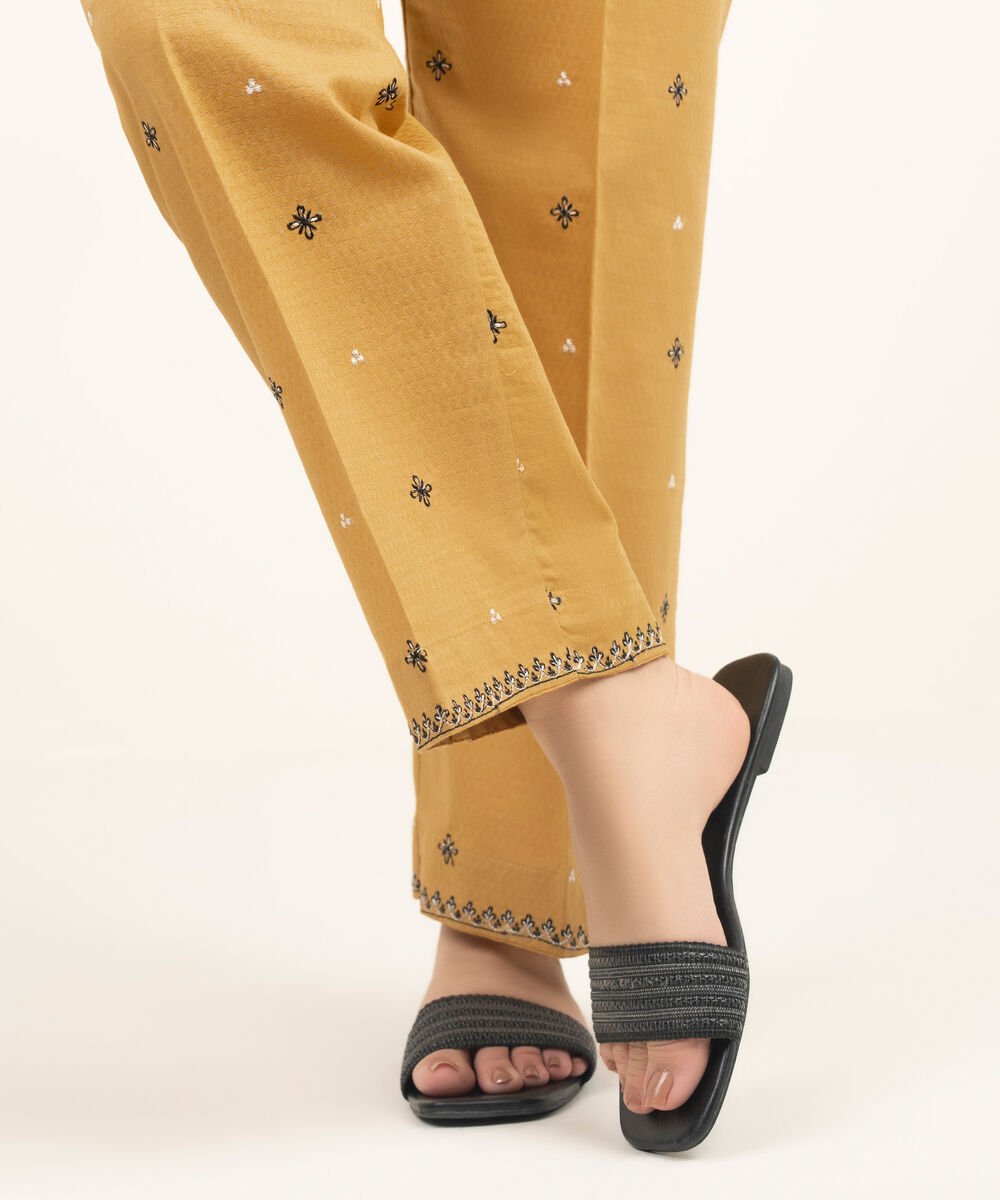 Women's RTW Dobby Embroidered Yellow Straight Pants