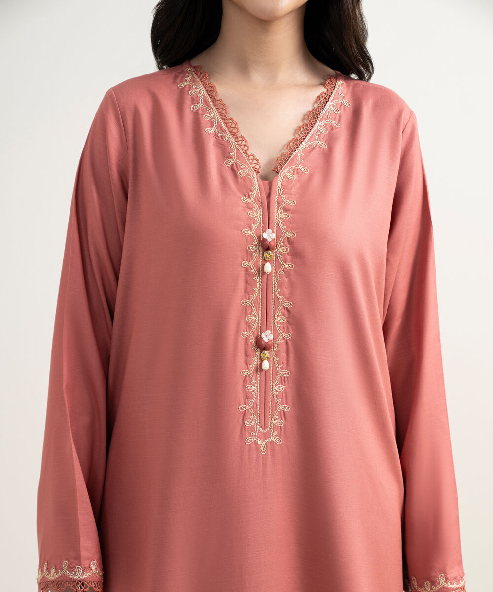 Women's RTW Cotton Viscose Embroidered Salmon 3 Piece Suit