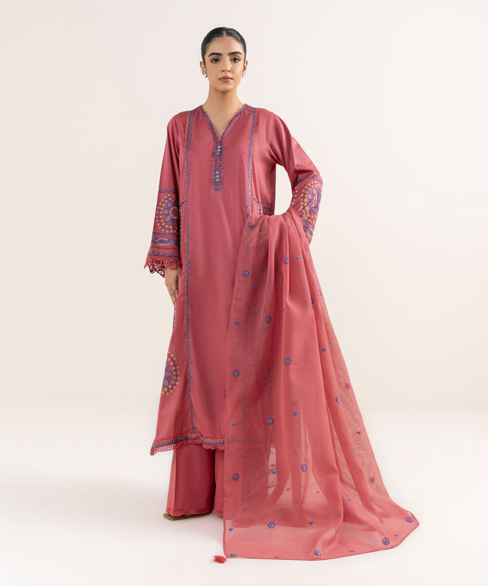 Women's RTW Cotton Satin Pink Embroidered A-Line Shirt