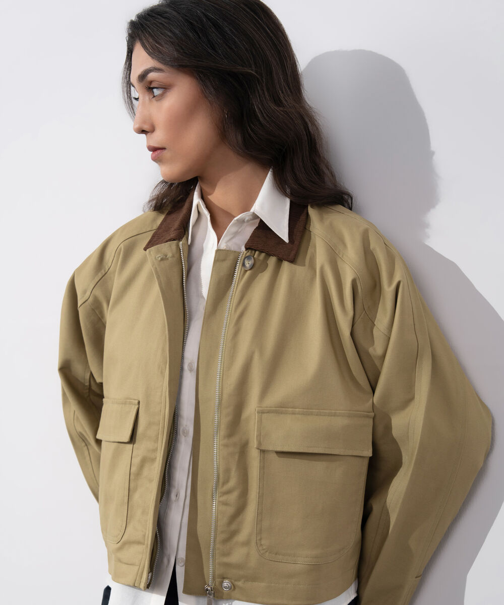 Women's Western Wear Khaki Corduroy Collar Twill Jacket
