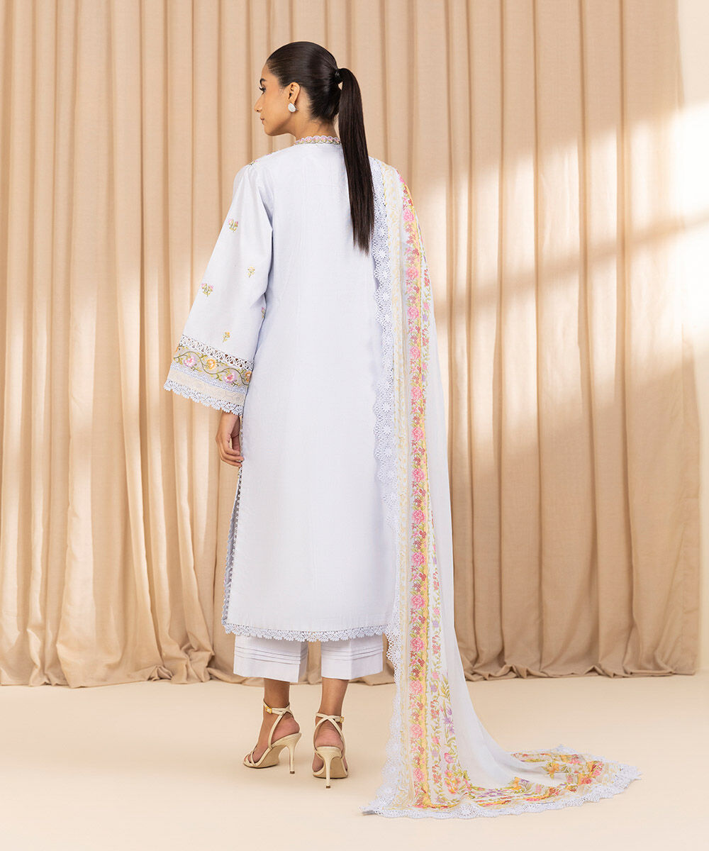 Unstitched Women's Embroidered Cotton Net Blue Three Piece Suit