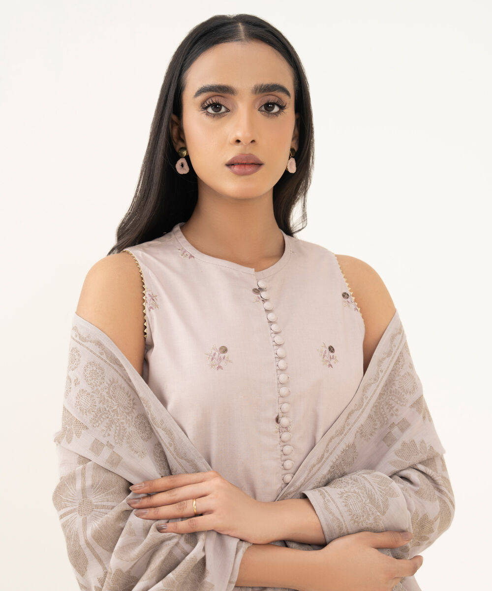 Women's Unstitched Embroidered Cotton Light Tea Pink 3 Piece Suit