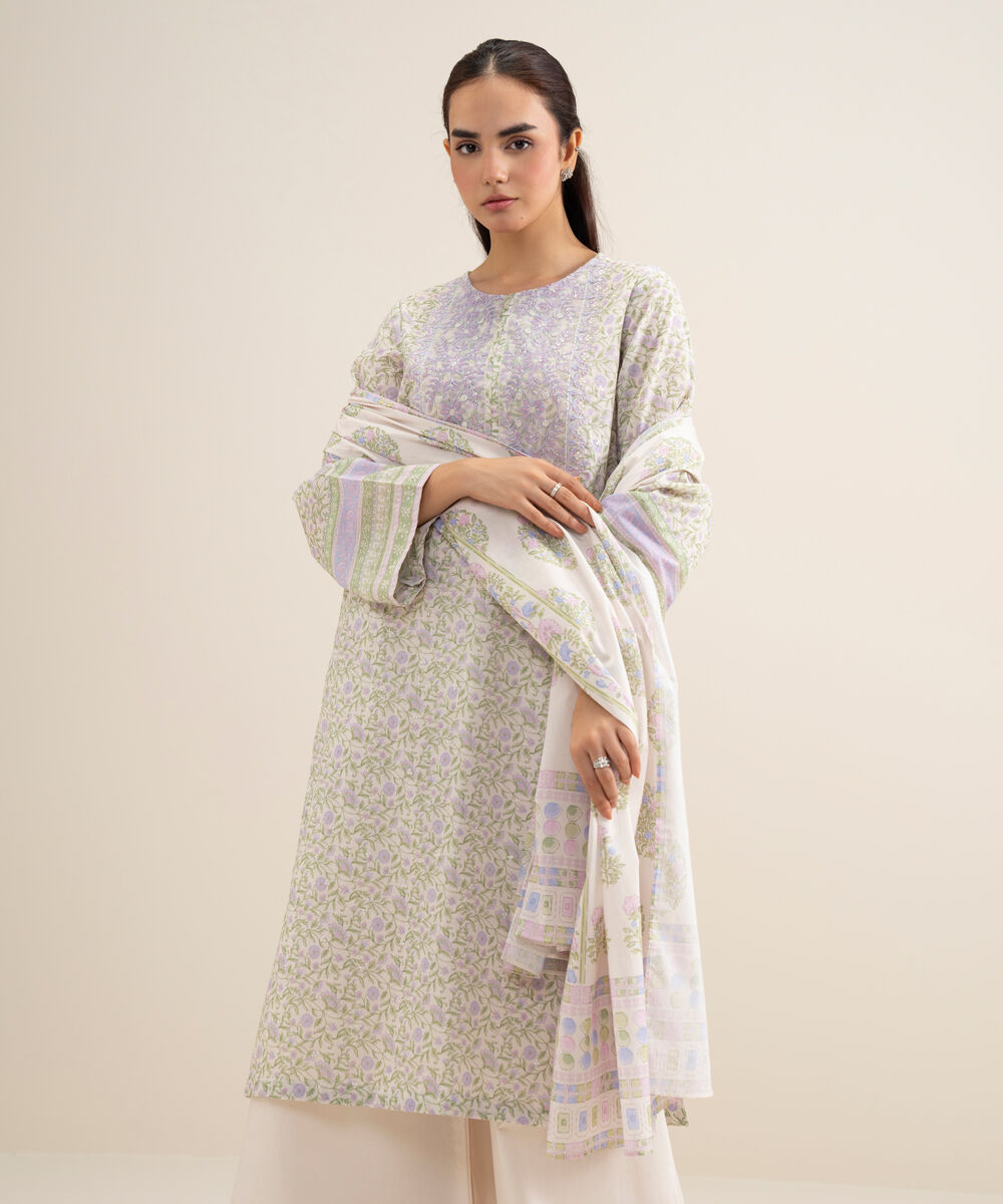Women's Unstitched Lawn Embroidered Off White 3 Piece Suit