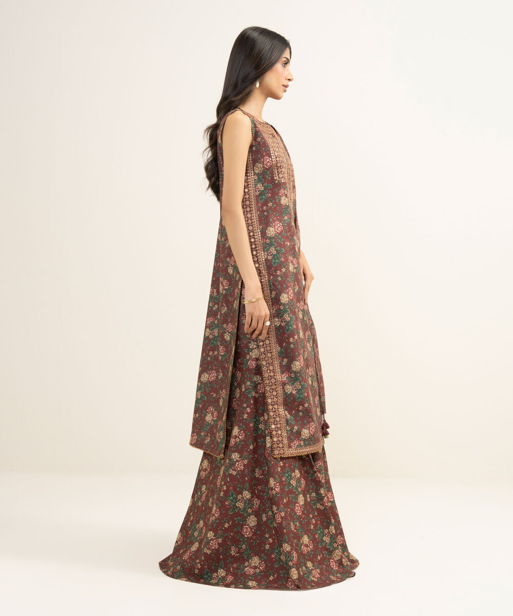 Women's Unstitched Lawn Embroidered Brown 3 Piece Suit