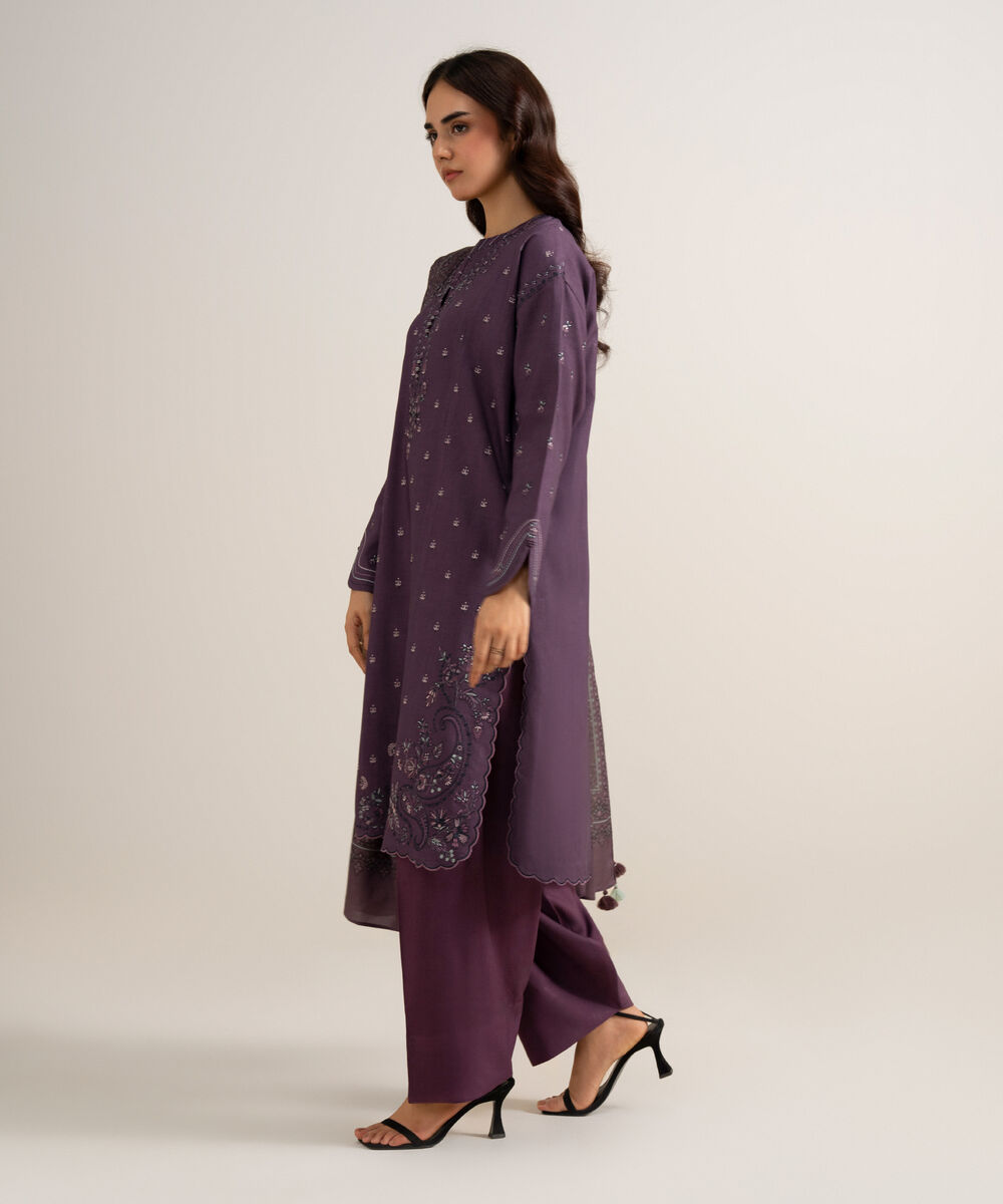 Women's Unstitched Embroidered Linen Purple 3 Piece Suit