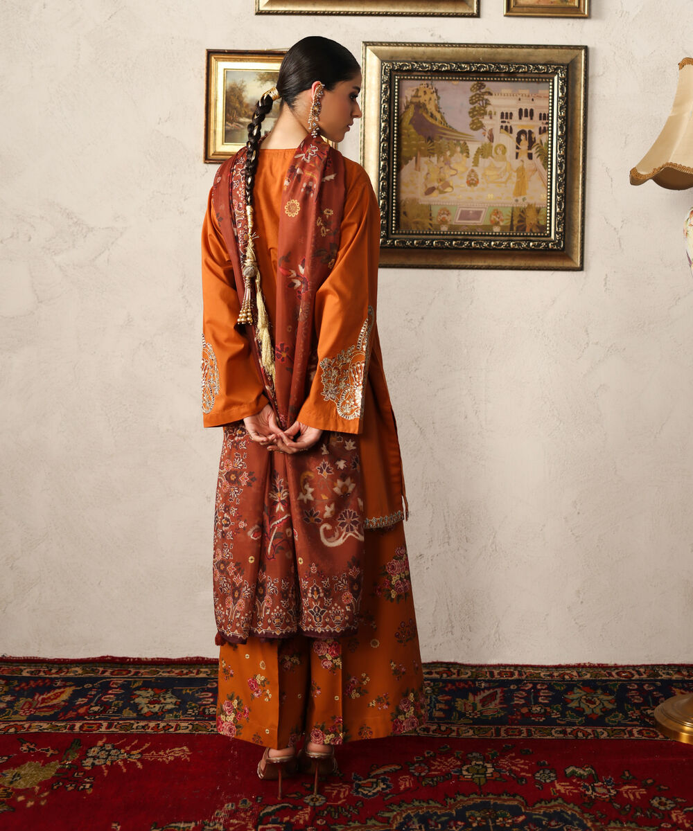 Women's RTW Slub Lawn Embroidered Brown Straight Shirt