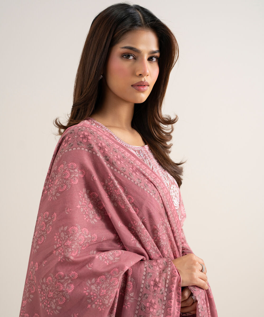 Women's Unstitched Lawn Embroidered Dark Tea Pink 3 Piece Suit